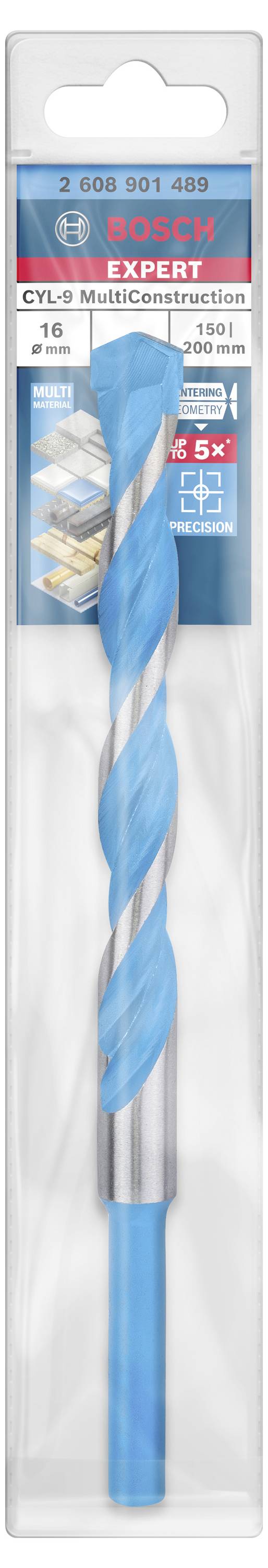 Bohraufsatz von Bosch mit blauem Spiraldesign in Plastikverpackung, geeignet für MultiConstruction und verschiedene Materialien.