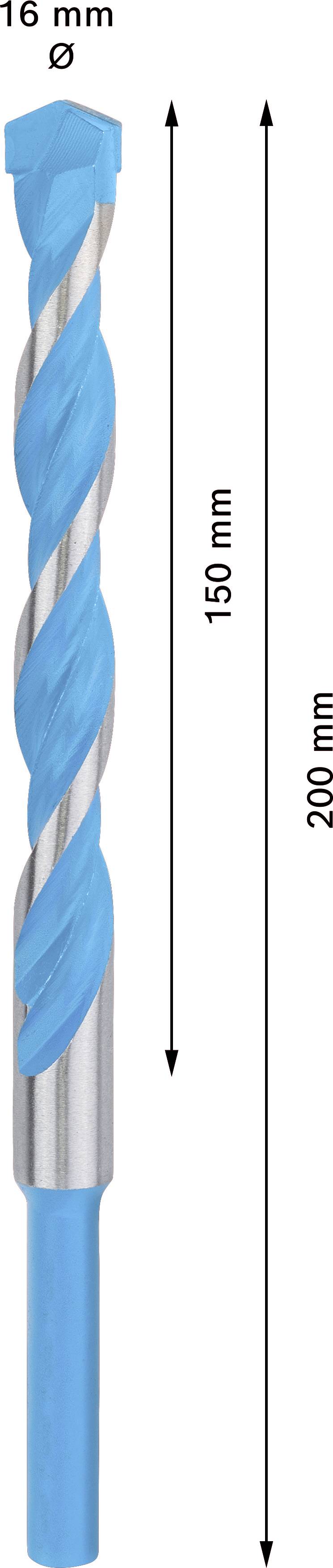 Bohrer mit blau-weißer Spirale, 16 mm Durchmesser, Gesamtlänge 200 mm, Spirallänge 150 mm.