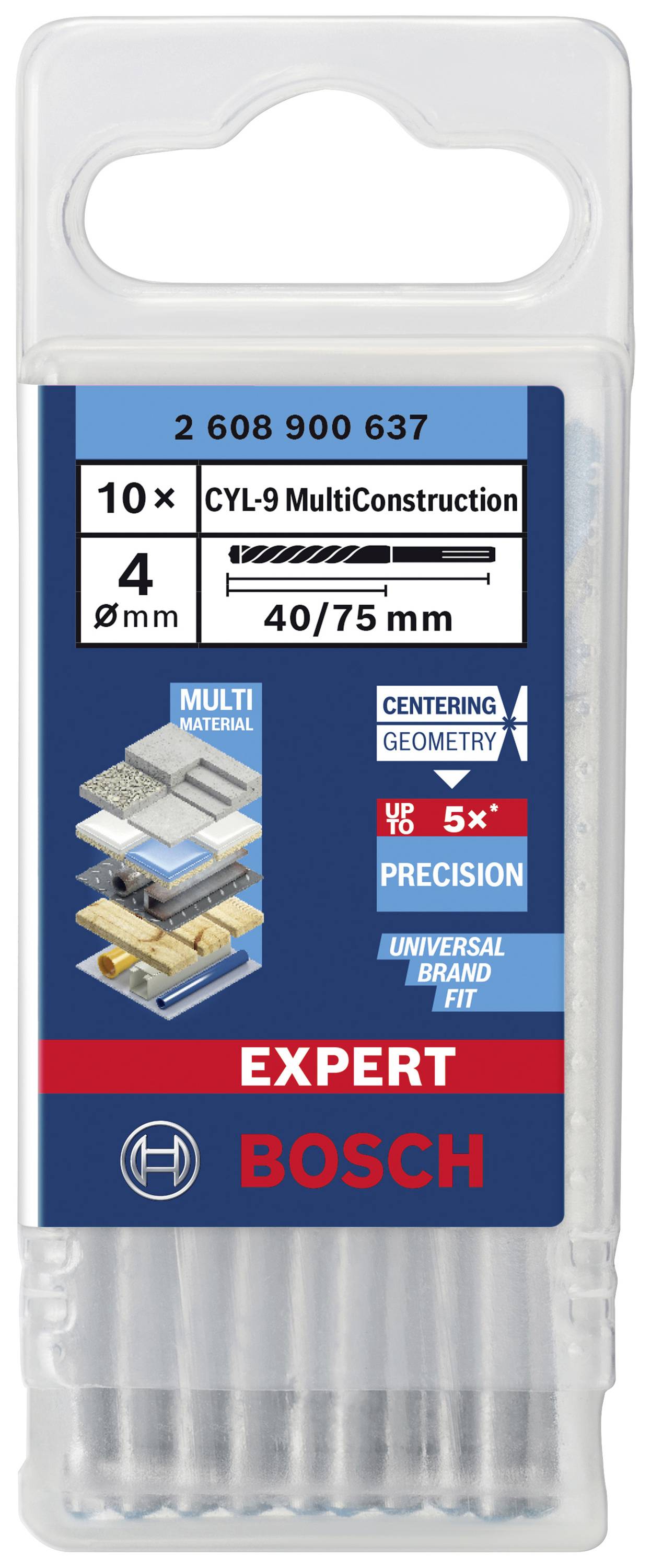 Bohrer-Set von Bosch mit 10 MultiConstruction-Bohrern, 4 mm Durchmesser. Detailabbildung zeigt Materialverwendung und Maßangaben.