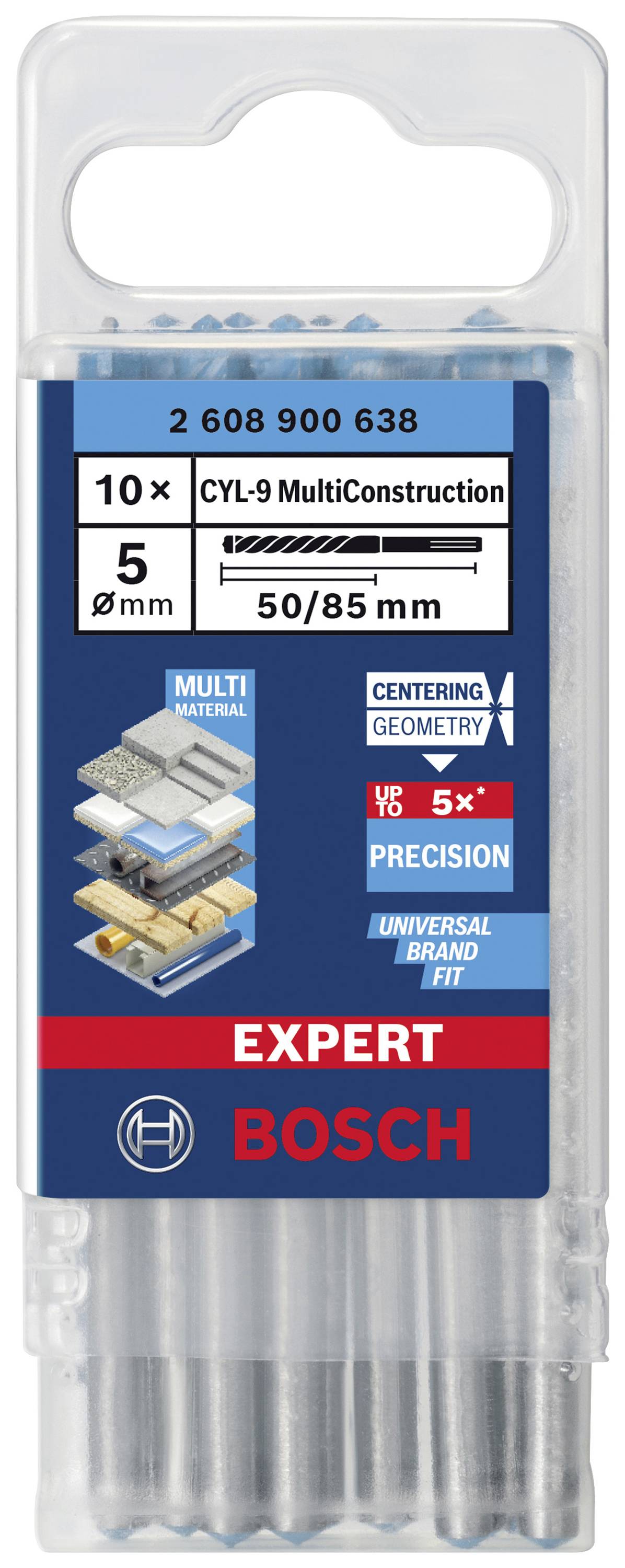 Bosch Expert CYL-9 MultiConstruction Bohraufsatz-Set: 10 Stück, Ø 5mm. Präzision mit zentrierender Geometrie, Universal-Fit.