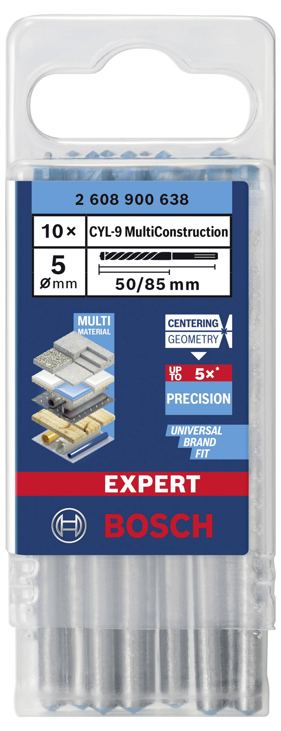 Blaue Bosch-Bohrerpackung mit 10 Bohrern, geeignet für verschiedene Materialien. Größe: Ø 5 mm, Länge 50/85 mm.