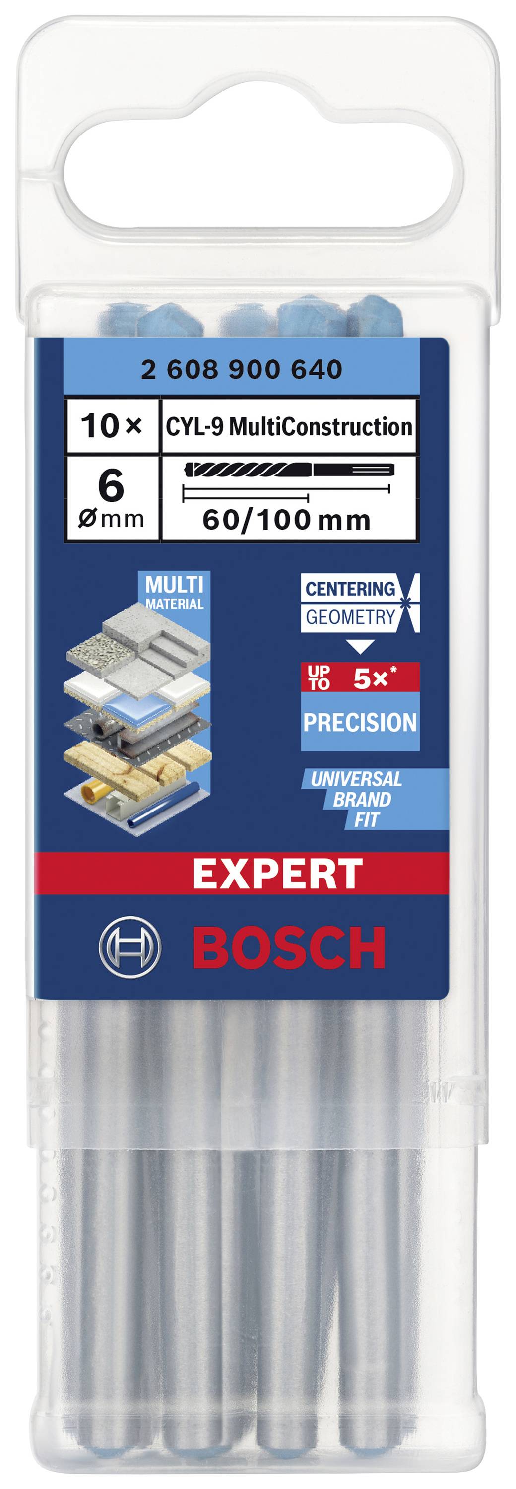 Packung mit 10 Bosch 'CYL-9 MultiConstruction' Bohrern, Größe 6 mm. Geeignet für verschiedene Materialien, Länge 60/100 mm.