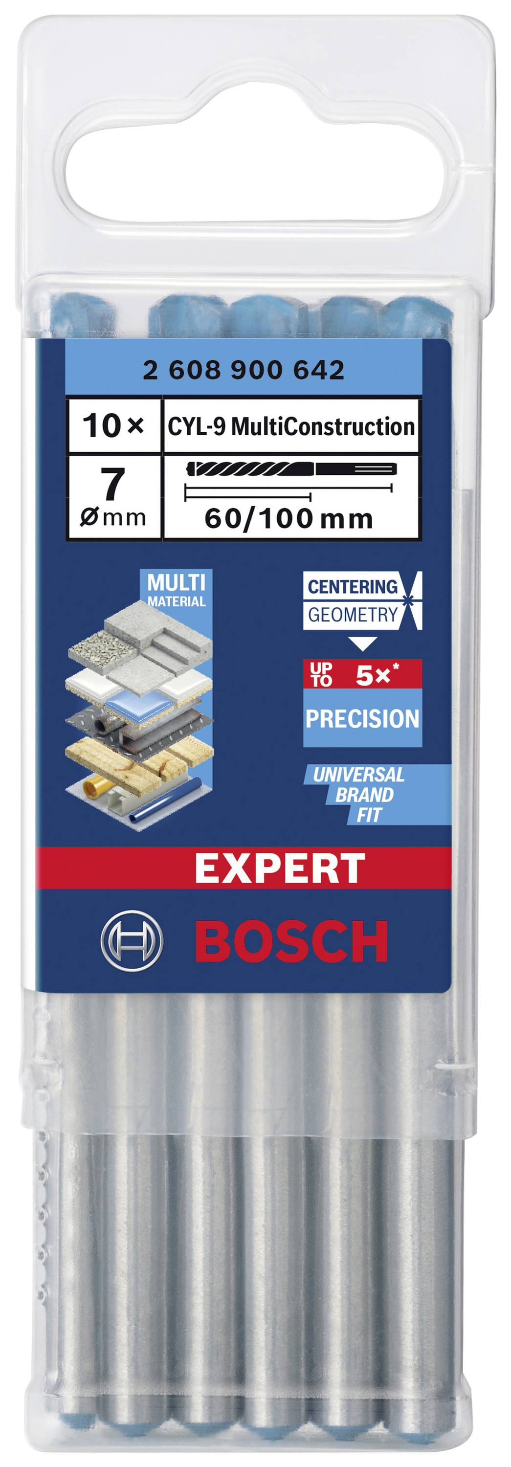 Verpackung mit 10 Bosch CYL-9 MultiConstruction Bohrern, 7 mm Durchmesser, 60/100 mm Länge, geeignet für verschiedene Materialien.