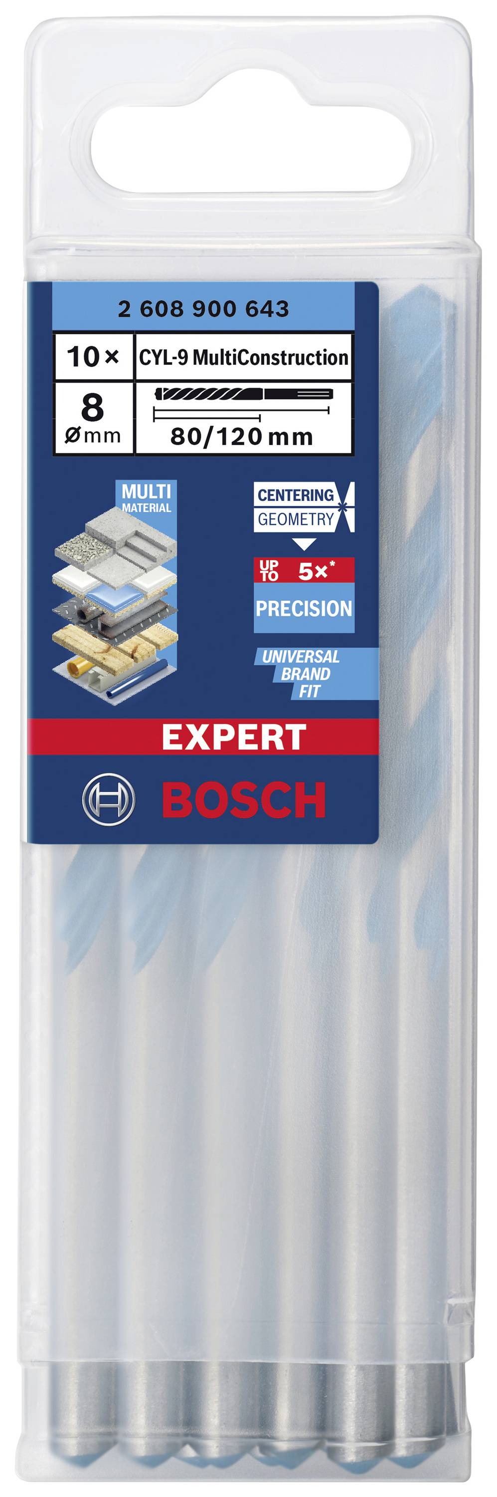 Packung mit 10 Bosch CYL-9 MultiConstruction Bohrern, geeignet für verschiedene Materialien. Maße: 8 mm x 80/120 mm.