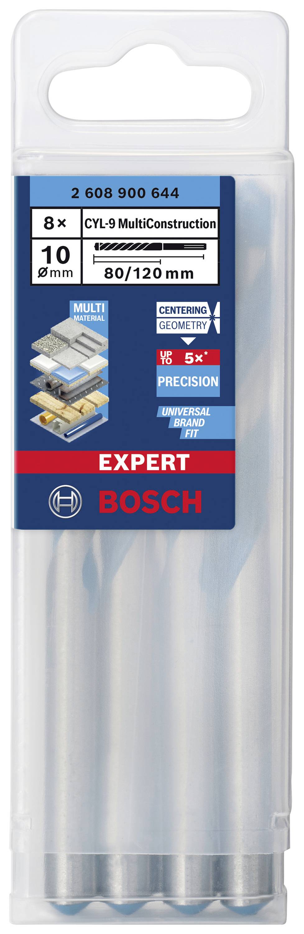 Verpackung mit 8 CYL-9 MultiConstruction Bohrern von Bosch, Durchmesser 10 mm, Länge 80/120 mm, geeignet für verschiedene Materialien.