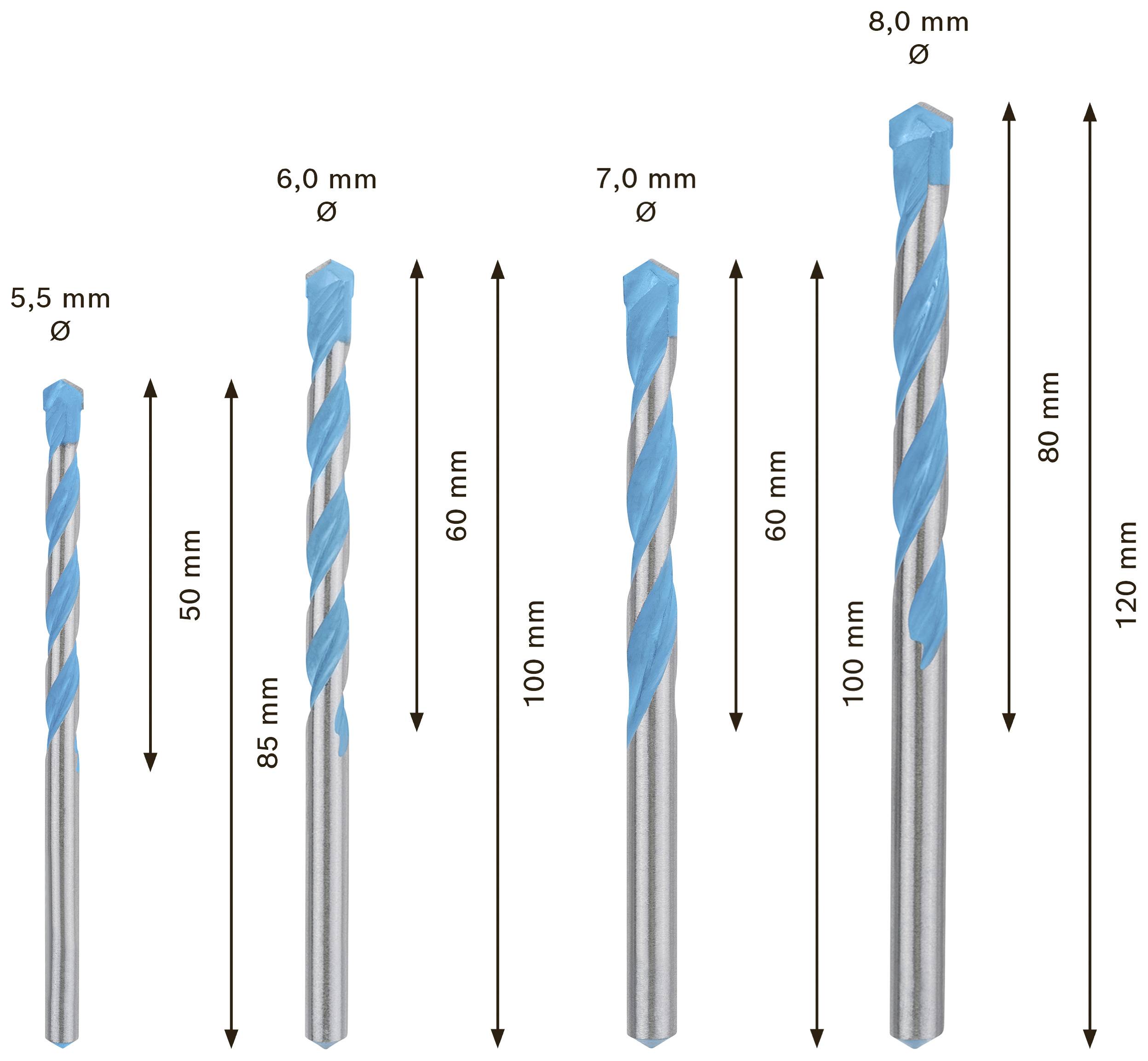Fünf Spiralbohrer in verschiedenen Größen von 5,5 mm bis 8,0 mm Durchmesser und 50 mm bis 120 mm Länge.