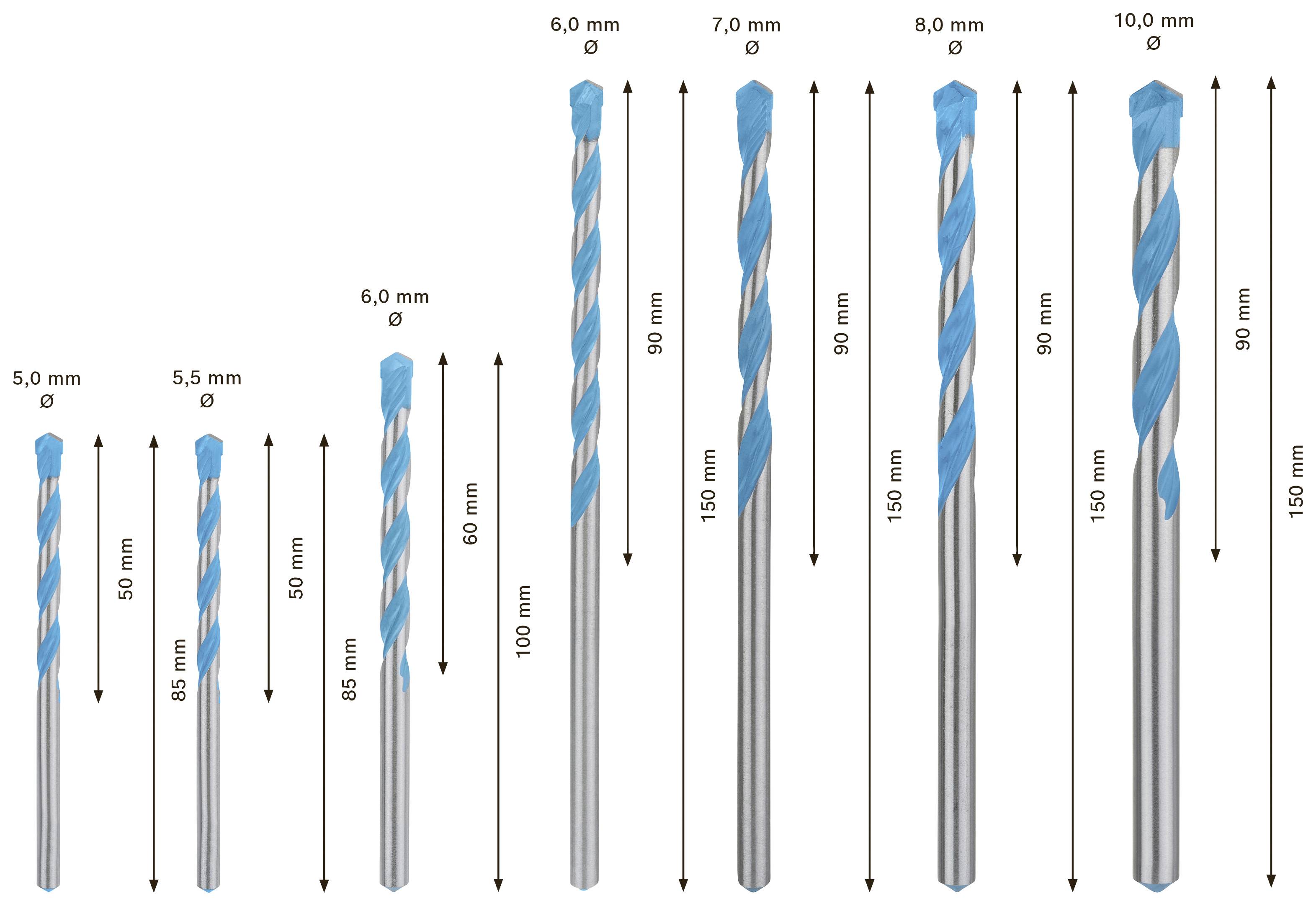 Acht Bohrer in Größen von 5,0 bis 10,0 mm, gestaffelt von links nach rechts. Jeder Bohrer hat Markierungen für Länge und Durchmesser.