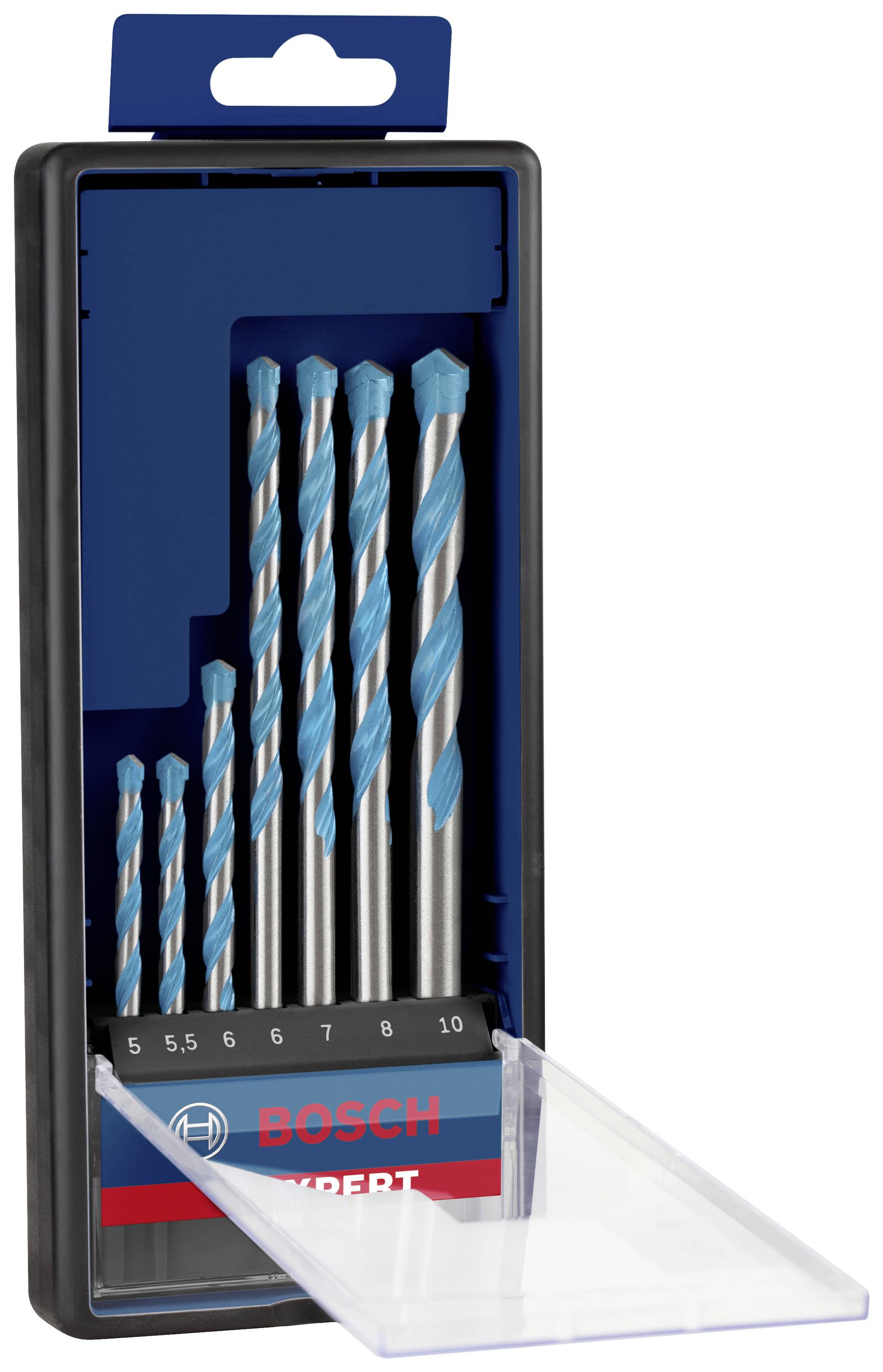 Eine Verpackung mit sieben blauen Bohrern unterschiedlicher Größe, von 5 bis 10 mm, der Marke Bosch Expert, in einem transparenten Etui.