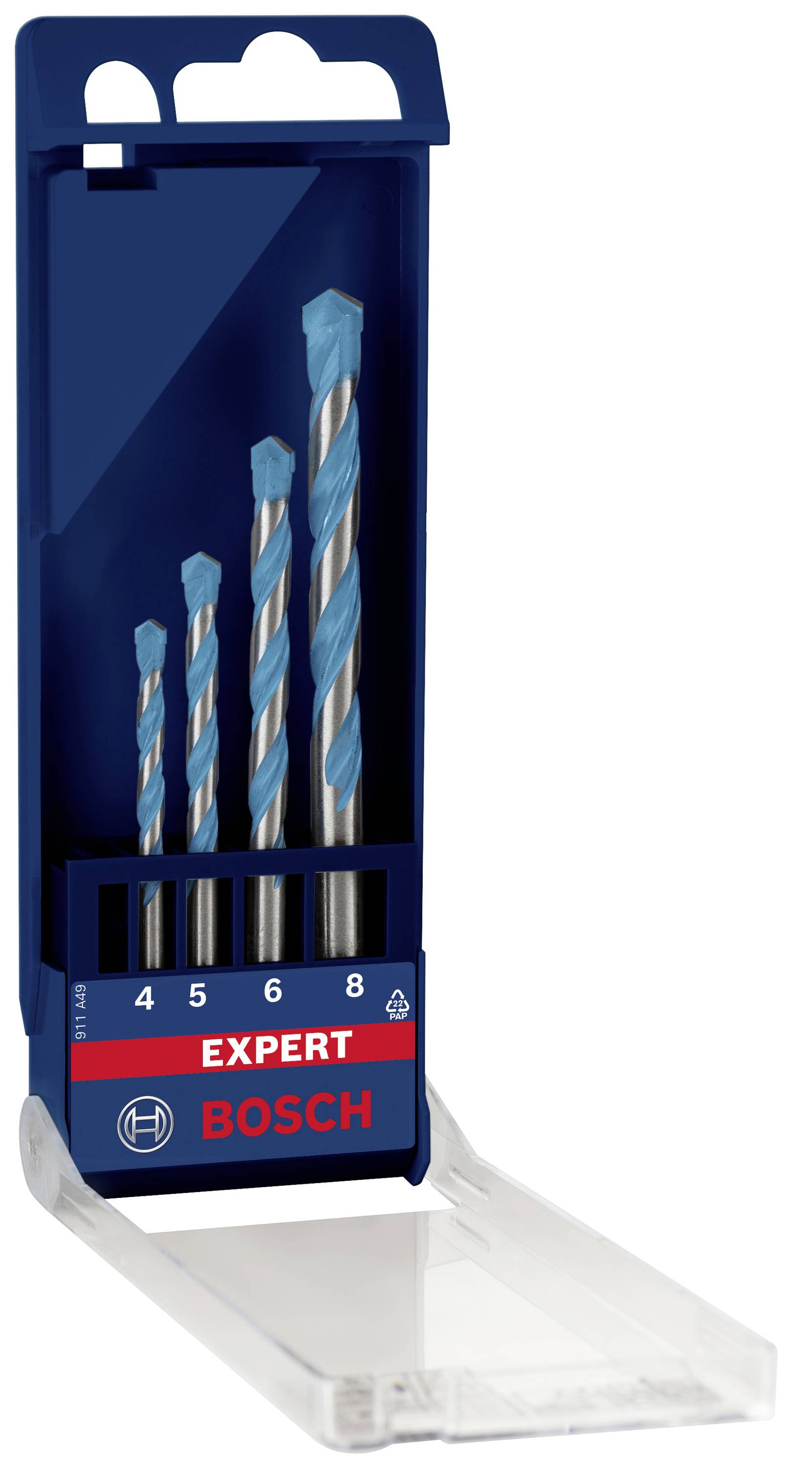 Bohrerset von Bosch mit vier Spiralbohrern in verschiedenen Größen, in einer blauen Verpackung mit durchsichtigem Deckel.