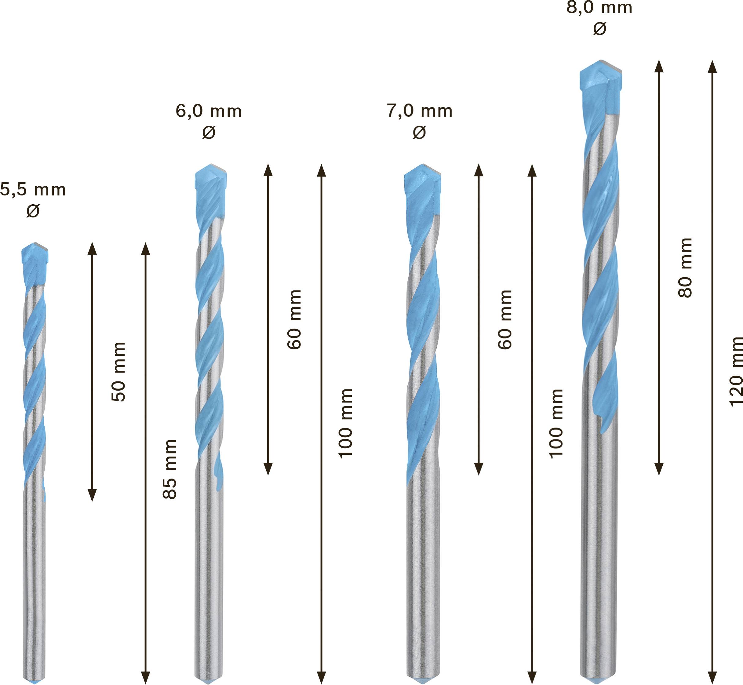Fünf blaue Spiralbohrer nebeneinander, von links nach rechts: 5,5 mm (85 mm), 6,0 mm (100 mm), 7,0 mm (100 mm), 8,0 mm (80 mm), 8,0 mm (120 mm).