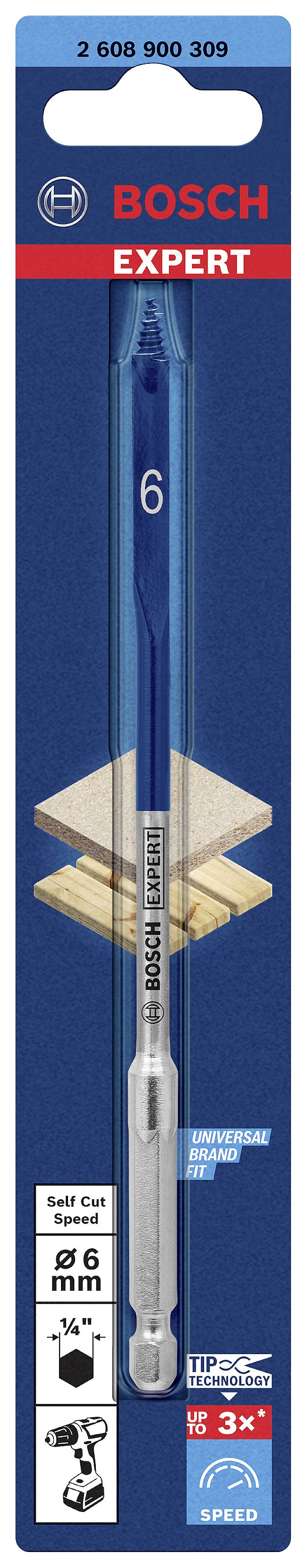 'Bosch Expert' Holzbohrer in der Verpackung, geeignet für Akkuschrauber, 6 mm Durchmesser, Werbung für 'Long Life Speed'.