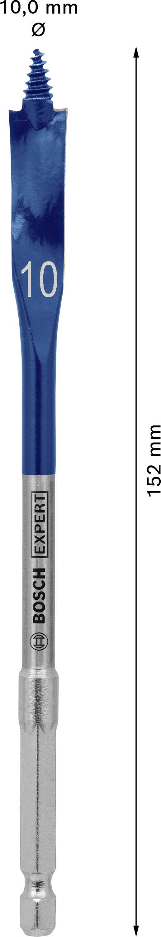 'Bosch Expert' Flachfräsbohrer, 10,0 mm Durchmesser, Gesamtlänge 152 mm, Stahl, blaue Spitze, geeignet für Holzmaterialien.