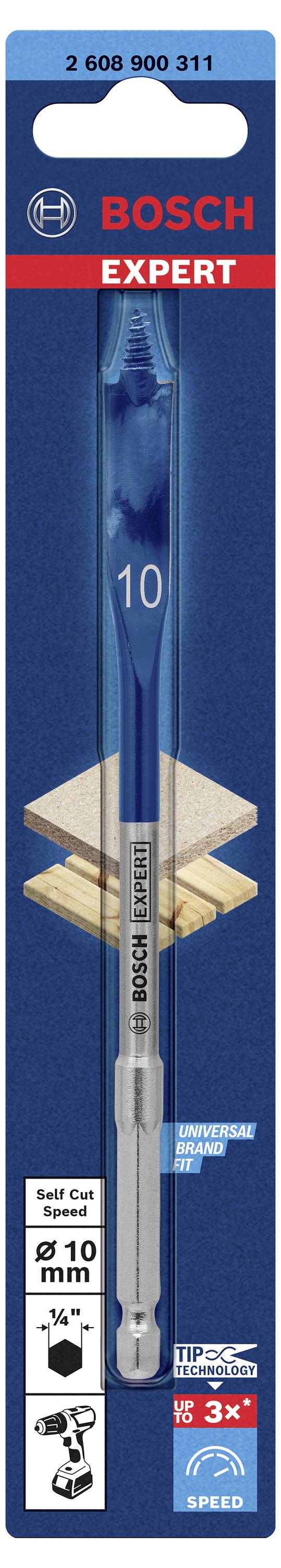 Bohrer-Bit 'Bosch Expert' im Blisterpack, 10 mm, geeignet für schnelle Holzbohrungen mit Akkuschrauber, dargestellt auf blauen Hintergrund.