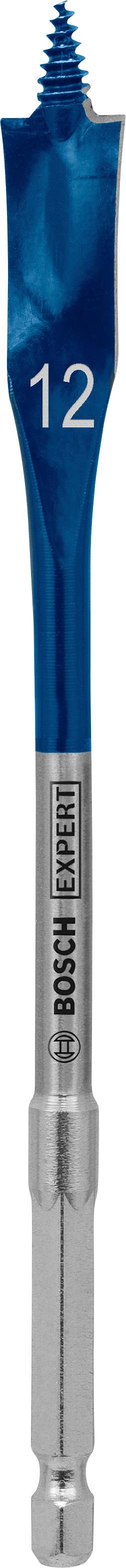 Blauer Flachfräsbohrer mit der Aufschrift '12' auf dem Kopf und silbernem Schaft. Geeignet zum Bohren in Holzmaterialien.