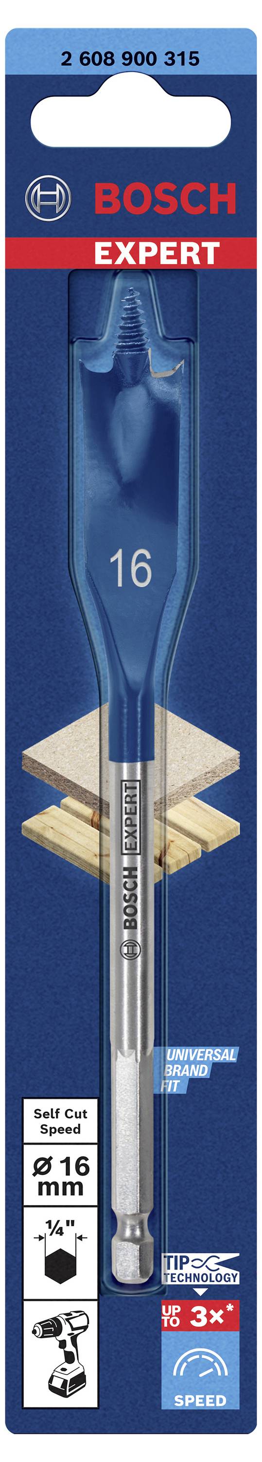 Flachfräsbohrer von Bosch, 16 mm, in blauem Design. Verpackung mit Holzbohrsymbolen, Markierung 'EXPERT' und Hinweis auf Schnelligkeit und Lebensdauer.