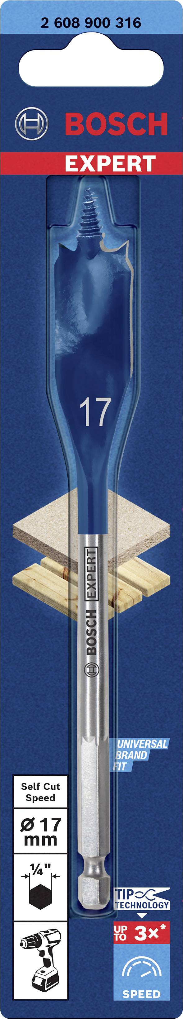 Bohrerpackung von Bosch Expert, zeigt einen Flachfräsbohrer mit 17 mm Durchmesser und 1/4 Zoll-Sechskantschaft, geeignet für Holz.