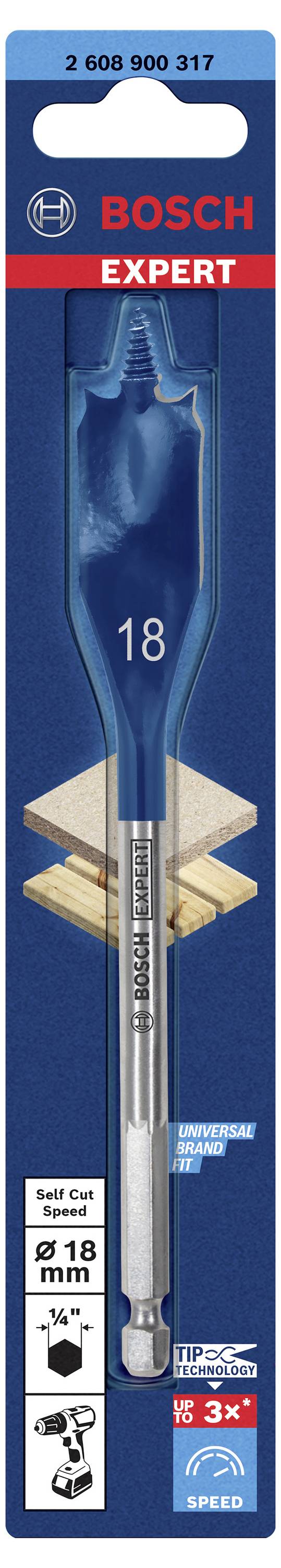 'Bosch Expert' Bohreraufsatz mit 18 mm Durchmesser, geeignet für Holz. Verpackung zeigt 'Speed' und '3x längere Lebensdauer'.