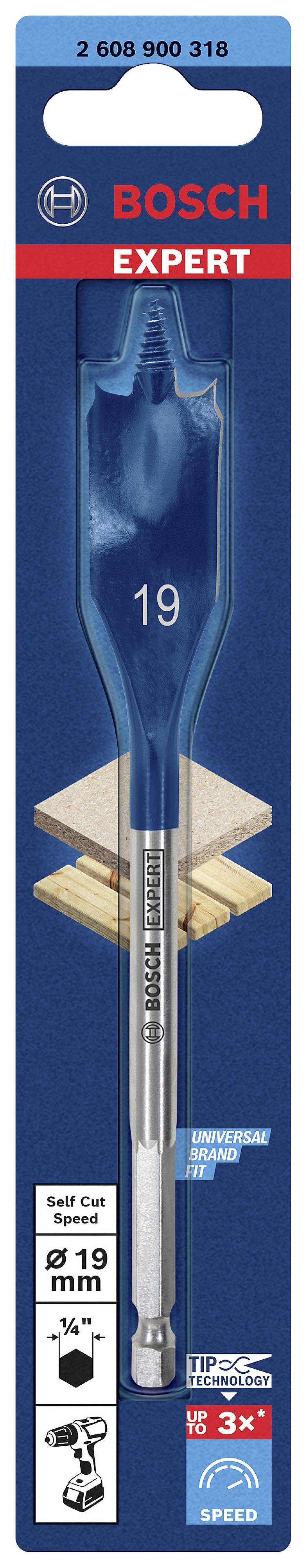 Verpackung eines Bosch Spatenbohrers, 19 mm Durchmesser. Geeignet für Holz. Hergestellt für schnellen, präzisen Einsatz mit hoher Lebensdauer.