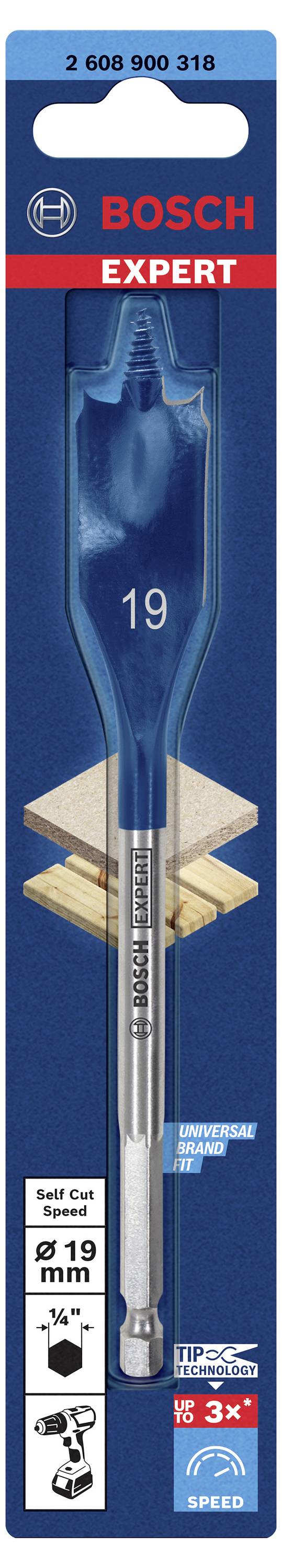 Flachfräsbohrer von Bosch, Expert-Serie, für Holzbearbeitung. Durchmesser 19 mm, geeignet für schnelle Bohrungen mit Akkuschraubern.