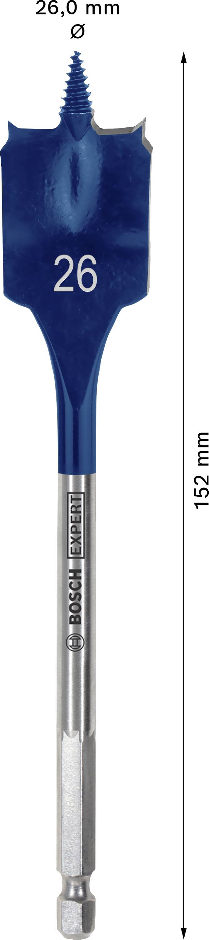 Ein blauer 26-mm-Flachfräsbohrer von Bosch mit einer Gesamtlänge von 152 mm für Holzarbeiten.