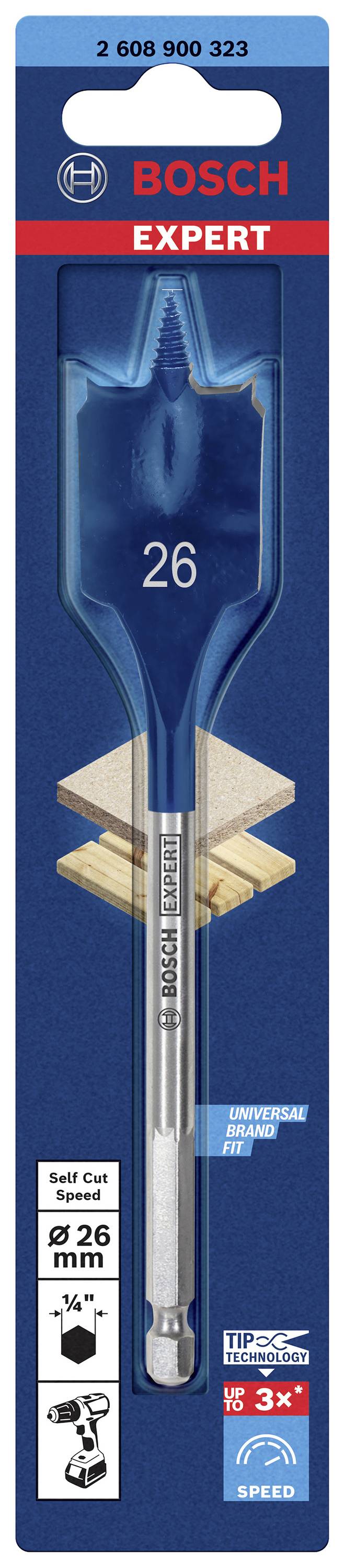 'Bosch Expert' Holzbohrer, Ø 26 mm, Längsschneide mit Spitze, für Holz, verpackt in Blau mit Holzscheibe und Markenlogo.