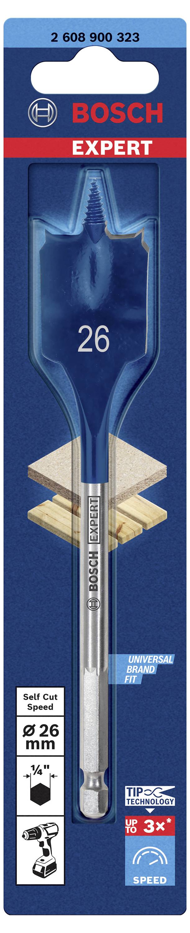 'Bosch Expert'-Blisterpackung eines Flachfräsbohrers, Größe 26 mm, für Holzarbeiten. Verpackung weist auf erhöhte Geschwindigkeit hin.