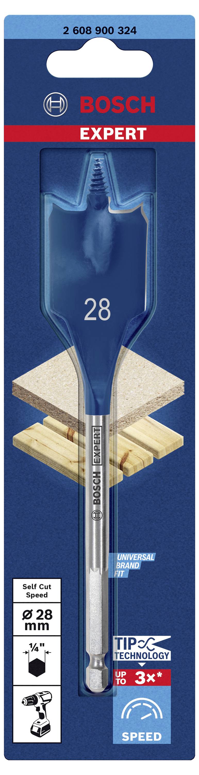 'Bosch Expert' Flachfräsbohrer für Holz, Ø 28 mm, in Verpackung. Markiertes Holz und Bohrer abgebildet, blaue Farbgebung.