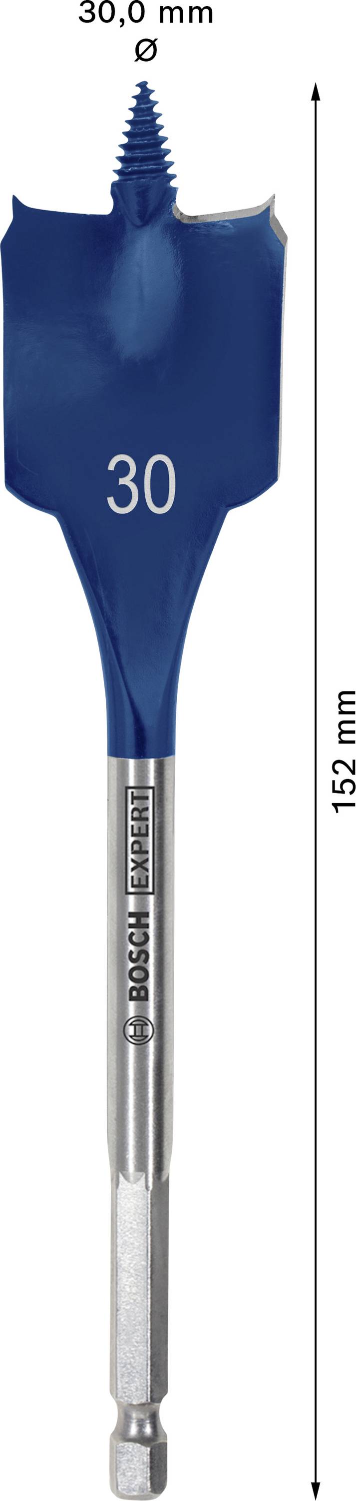 Flachfräsbohrer mit 30 mm Durchmesser und 152 mm Länge. Blaue Farbe, markiert mit '30'. Geeignet für Holzarbeiten.