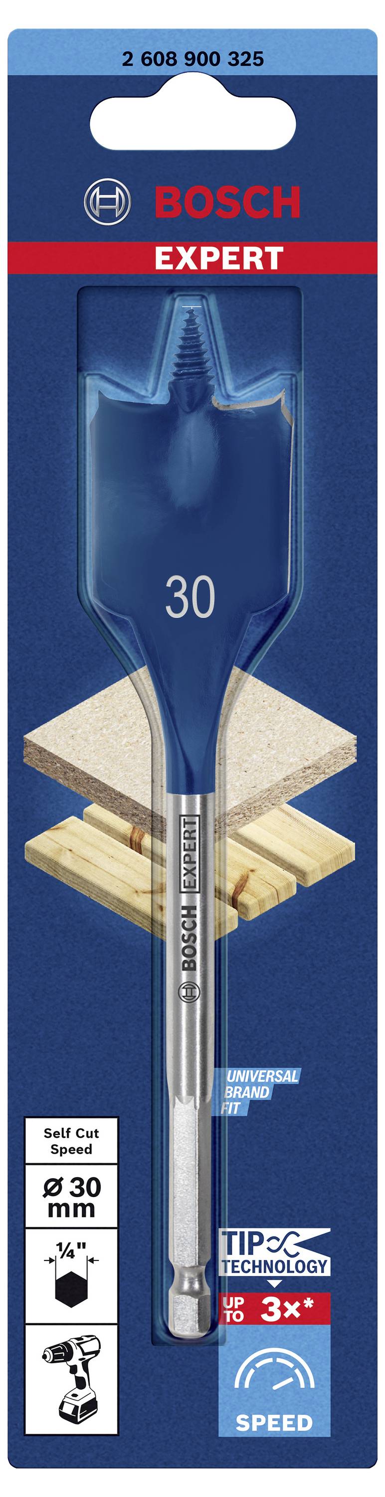 Ein 30 mm BOSCH Expert Flachfräser für Holzbohrungen, mit Universalaufnahme in einer blauen Verpackung.