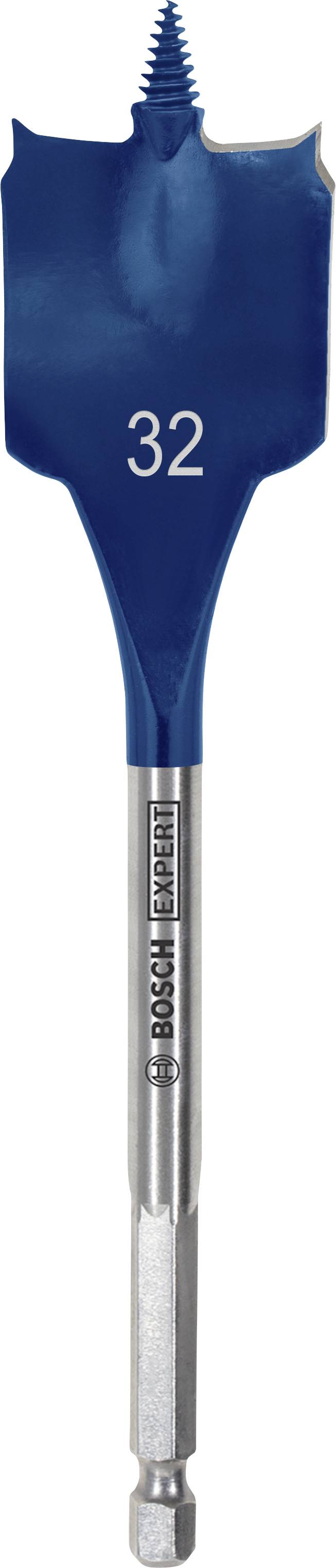 Ein blauer Holz-Spatenbohrer mit der Aufschrift '32' zur Angabe des Durchmessers. Unten das Bosch-Logo auf dem Metallteil.