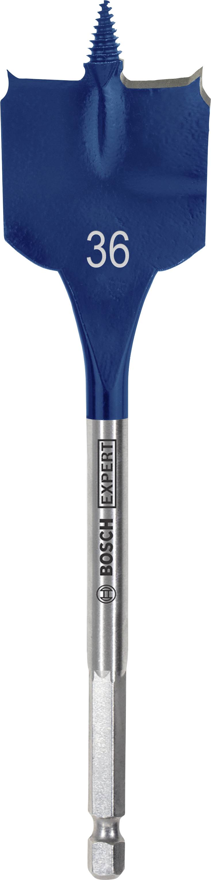Ein breiter, blauer Flachfräsbohrer mit der Aufschrift '36'. Darunter ist 'BOSCH' und das Logo auf dem silbernen Schaft erkennbar.