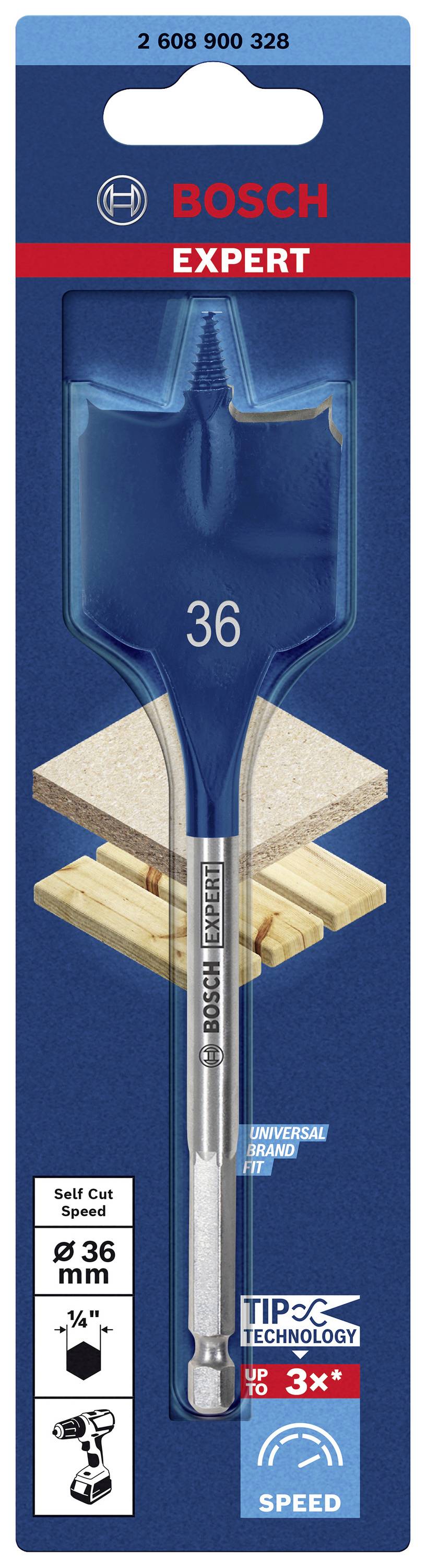 'Bosch Expert' Flachfräsbohrer mit 36 mm Durchmesser in Verpackung. Geeignet für Holz, mit schnellerer Bohrgeschwindigkeitstechnik.