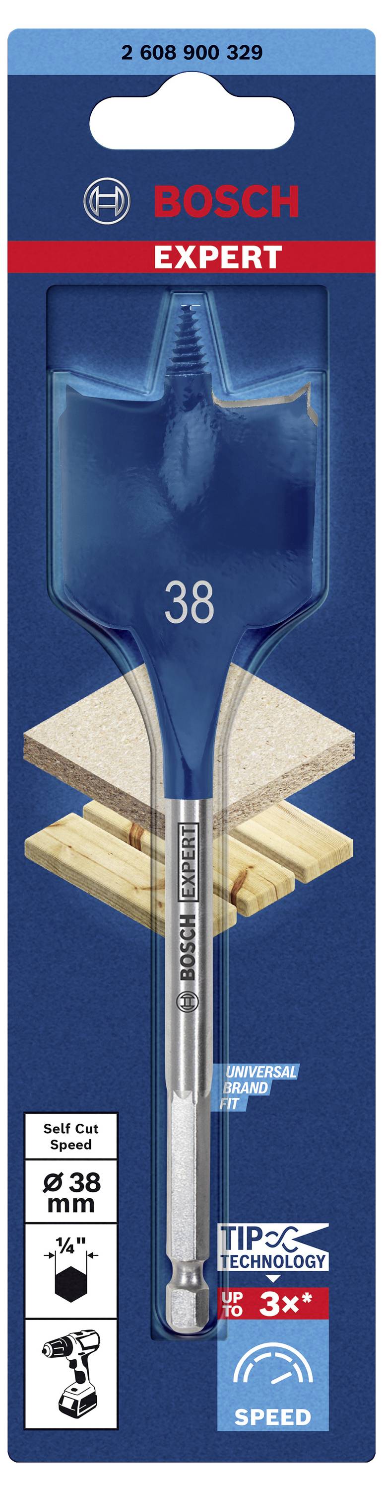 Bohrer '38 mm' in Verpackung mit roten und blauen Elementen, Markenname 'Bosch Expert'. Geeignet für Holz, dreimal schneller.