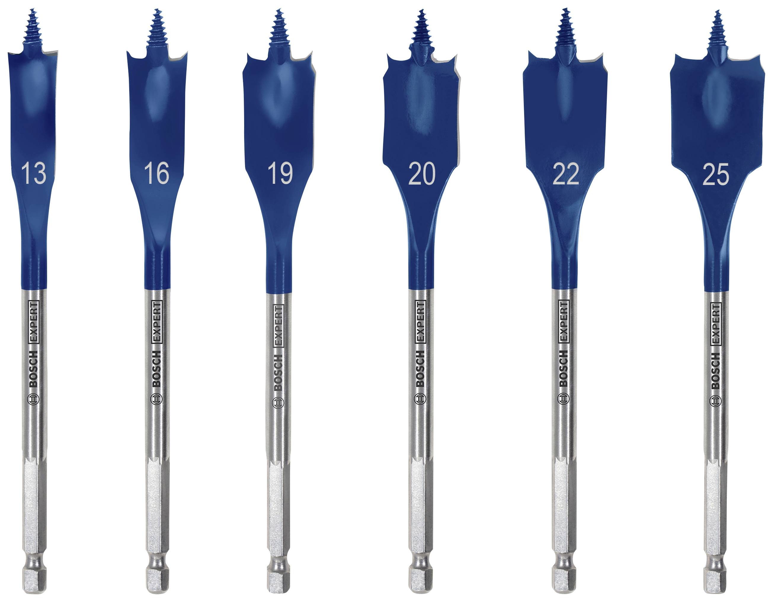 Sechs blaue Flachbohrer in verschiedenen Größen von 13 bis 25 mm, nebeneinander aufgereiht, zeigen ihre Spitzen und Ausmaße.