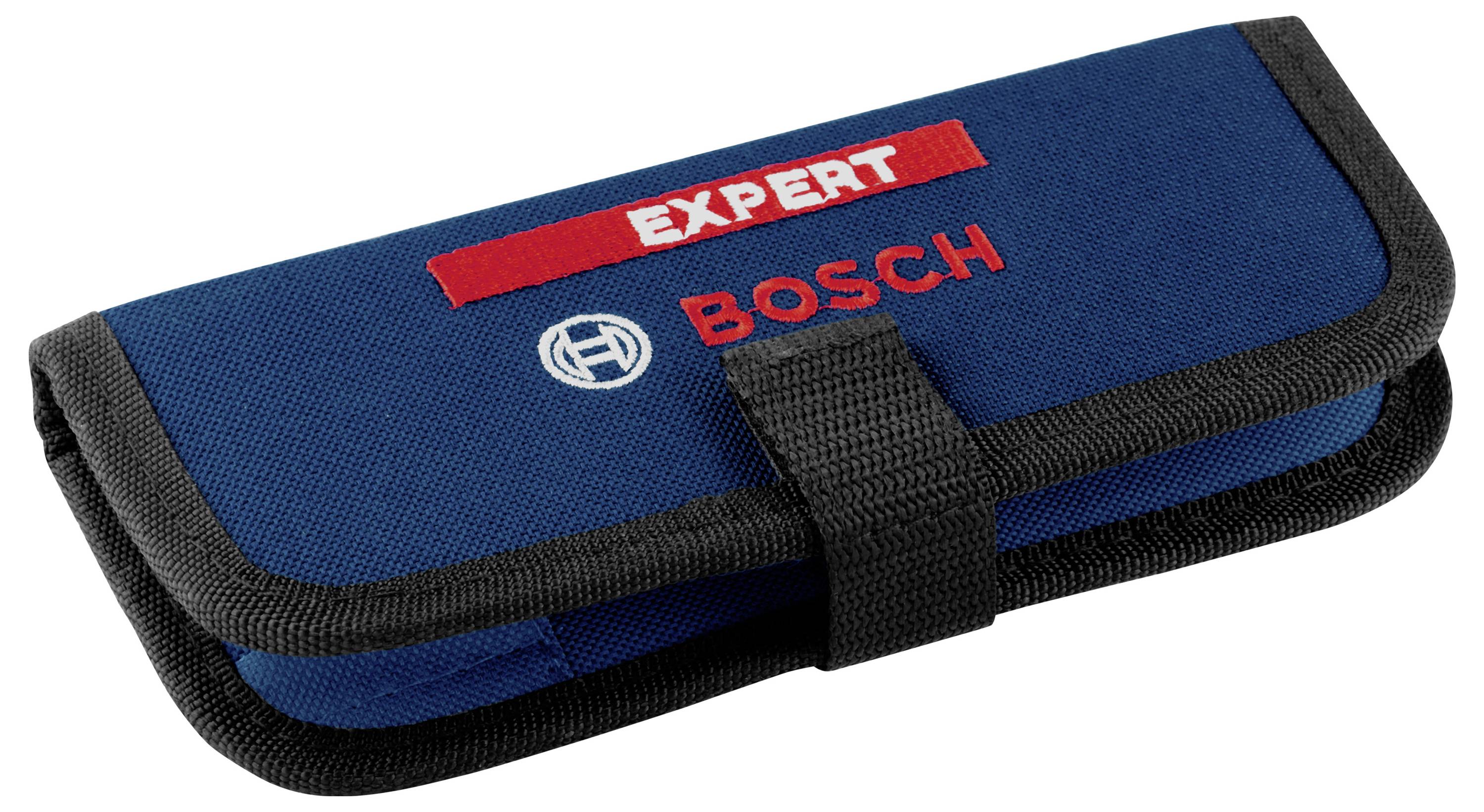 Ein blaues Etui mit schwarzem Rand und Klettverschluss, das die Aufschrift 'EXPERT BOSCH' in Rot und Weiß trägt.