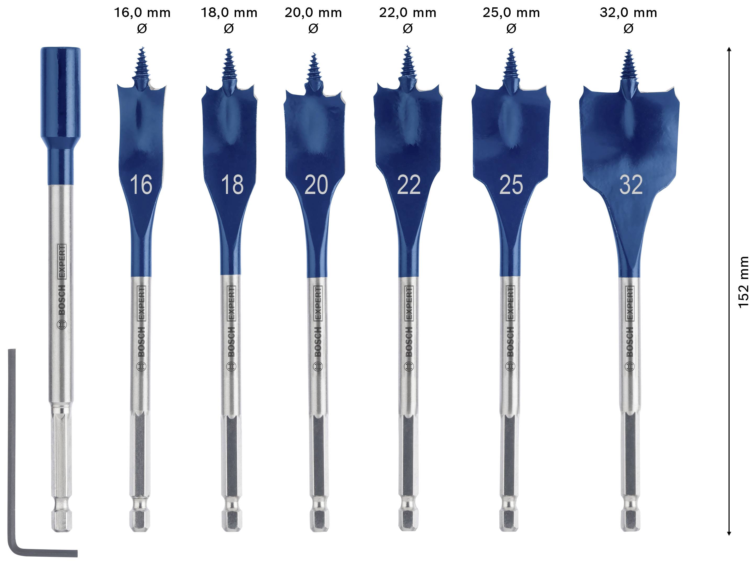 Satz von sieben blauen Holzbohrern, Größen von 16 mm bis 32 mm, nebeneinander angeordnet. Links ein Sechskant-Schaftadapter.