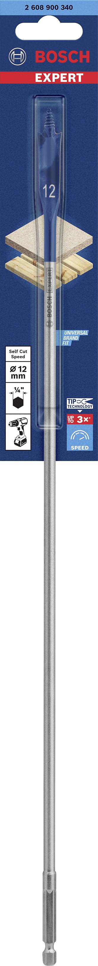 Eine verpackte Bohrkrone marke Bosch Clean für Fliesen, 12 mm Durchmesser, geeignet für Fliesen und Feinsteinzeug.