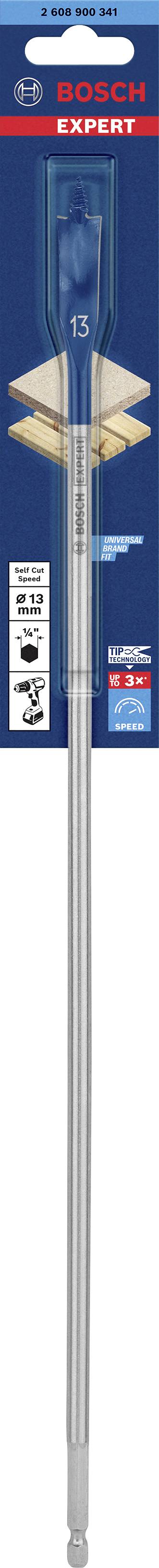 'Bosch' Bohrer, verpackt in einer blauen Verpackung. Bezeichnet als „EXPERT SELF CUT SPEED“. Enthält Größe: 15 mm.