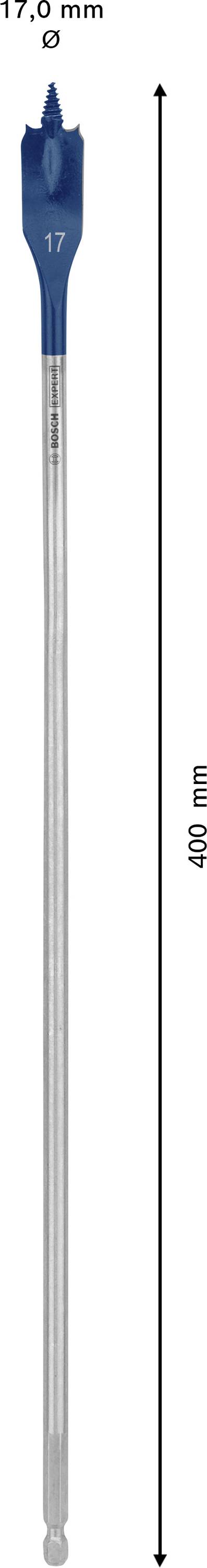 Bohrerspitze mit blauem Kopf, '17,0 mm' darauf. Gesamtlänge: 400 mm.