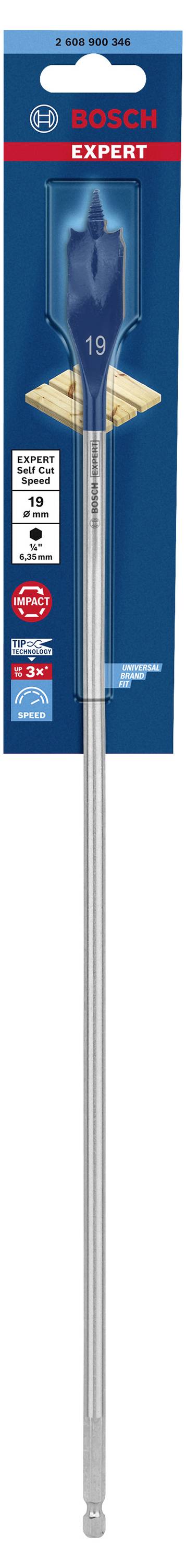 Blick auf einen Holzbohrer in der Verpackung, vorgesehen für schnelles Bohren in Holz mit einem blauen Plastikgriff und einer langen Metallspitze.