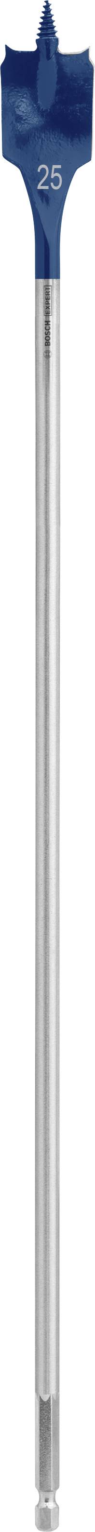 Ein blauer Flachfräsbohrer mit silbernem Schaft, geeignet zum Bohren großer Löcher in Holzmaterialien.
