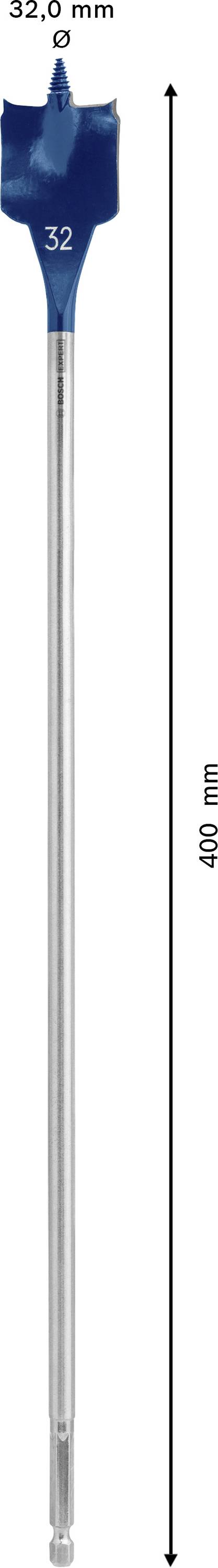 Bohrer mit blauer Spitze, Länge: 400 mm, Durchmesser: 32 mm, schwarze Pfeile zeigen auf Größenangaben.