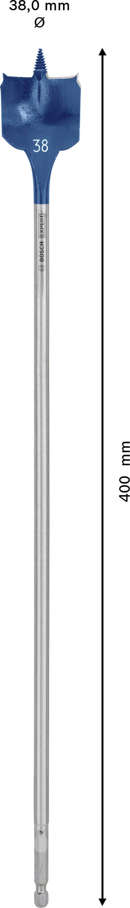 Ein langer Bohreraufsatz mit blauer Spitze von 38 mm Durchmesser und 400 mm Länge.