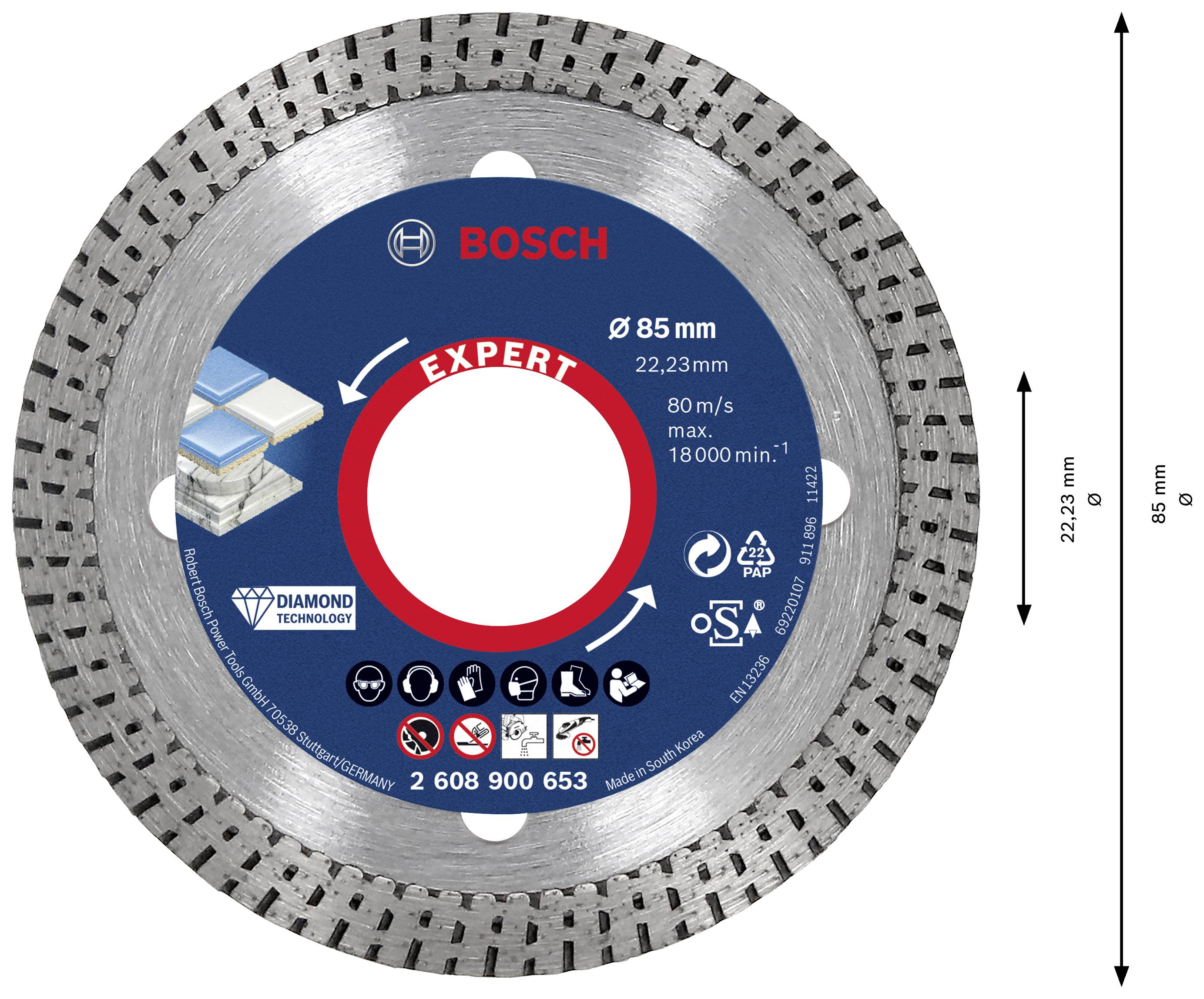'Bosch Expert' Diamanttrennscheibe, 85 mm Durchmesser, für Fliesen und Keramik, max. 18000 U/min, mit Symbolen für Sicherheitshinweise.