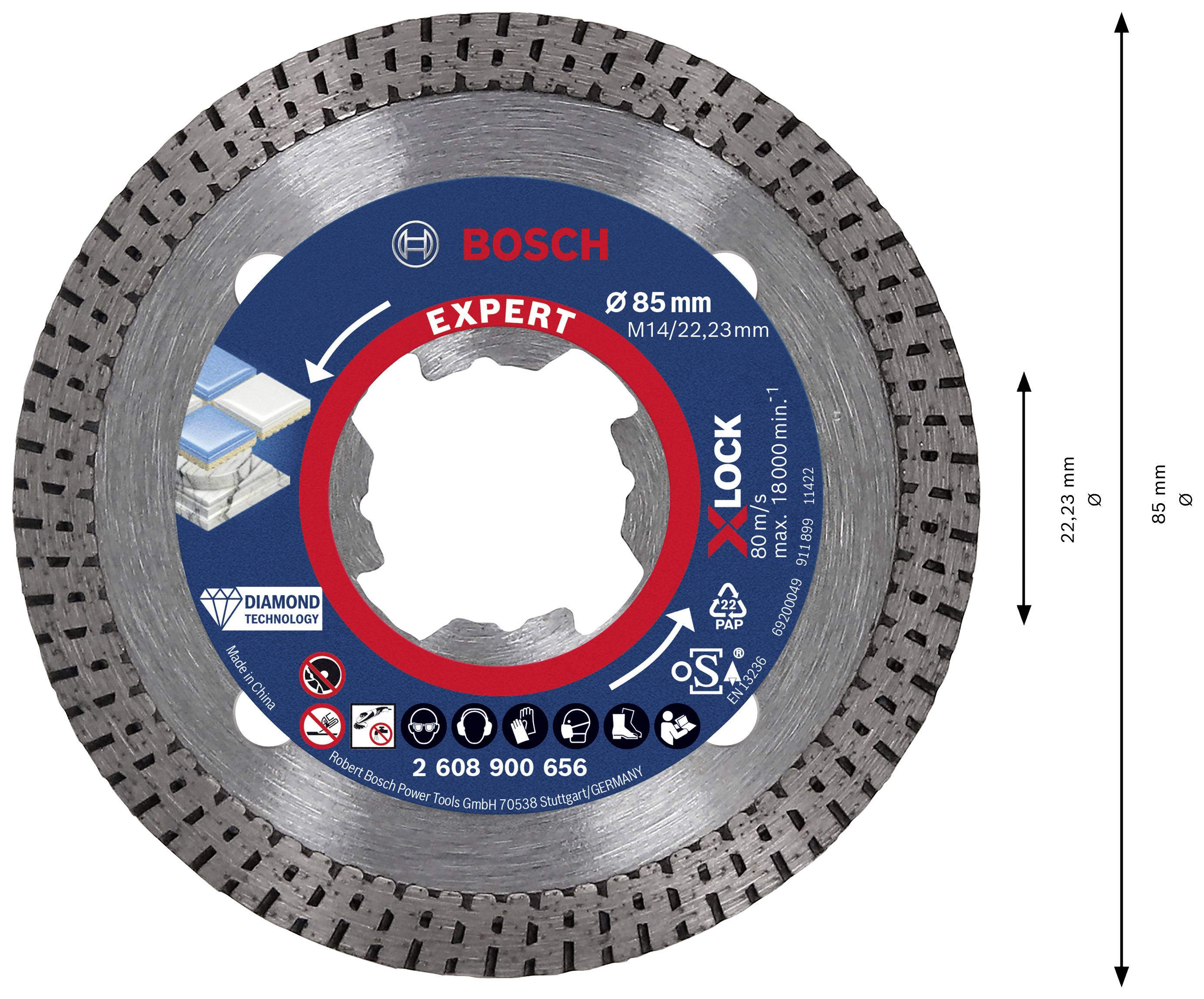 Diamantscheibe von Bosch 'Expert' für das Schneiden von Materialien, Durchmesser 85 mm, mit M14/22,23 mm Anschluss.