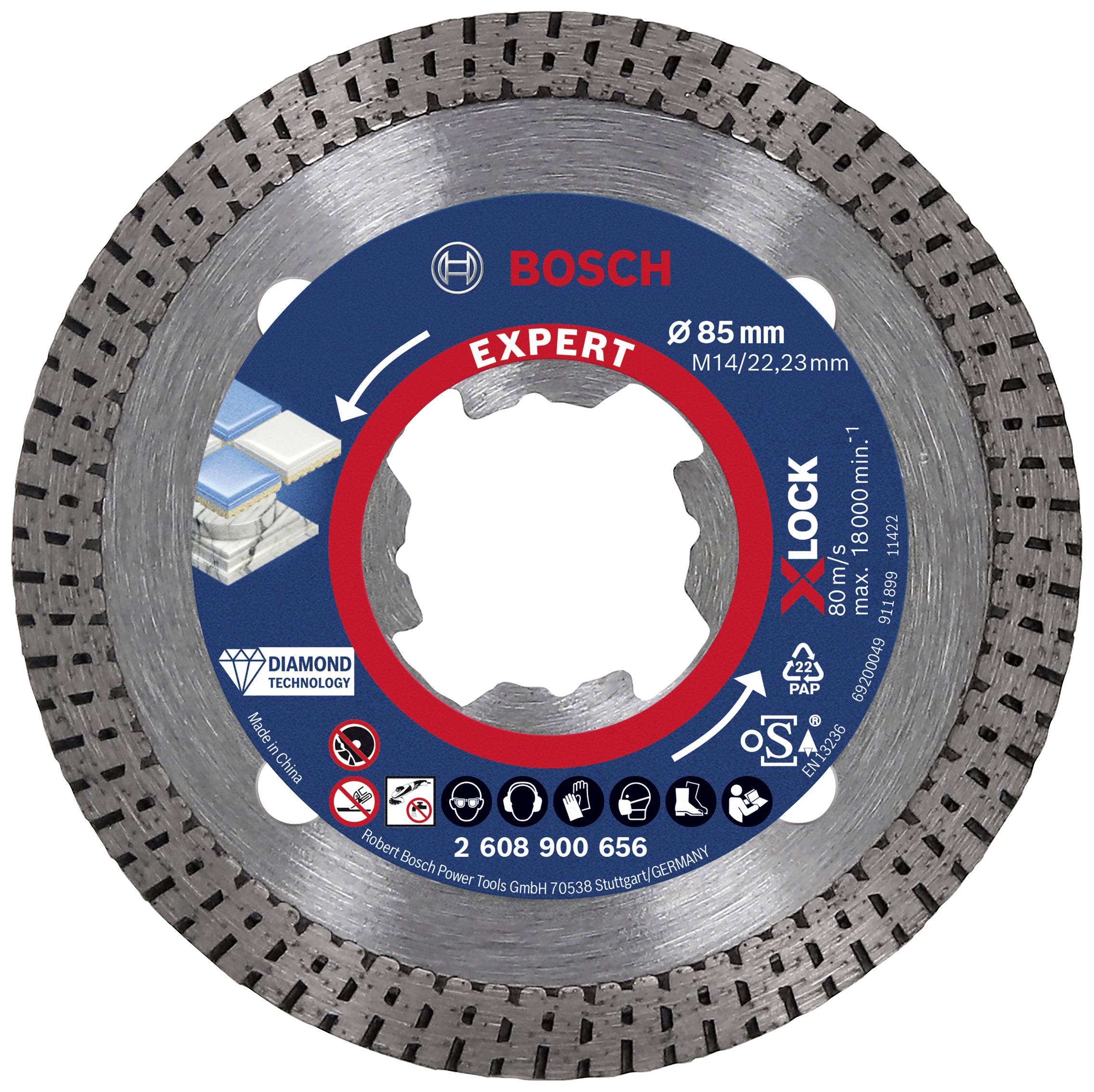 Ein rundes Diamant-Trennblatt von Bosch, Durchmesser 85 mm, 'EXPERT' Serie, geeignet für M14/22,23 mm, mit X-LOCK System.
