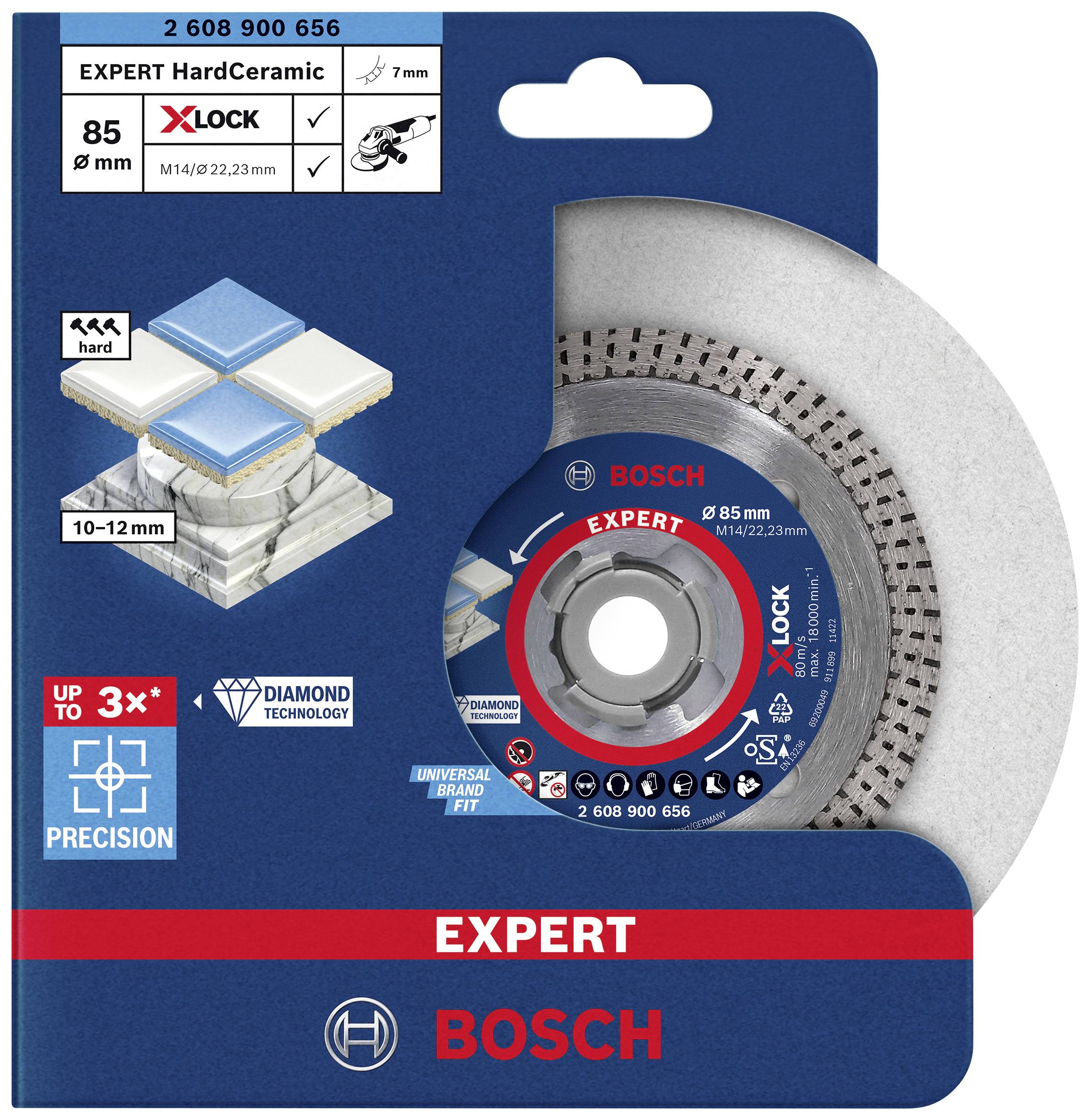 'Expert HardCeramic Diamantscheibe' von Bosch, geeignet für harte Keramik; Durchmesser 85 mm, M14/22,23 mm, mit X-LOCK System.