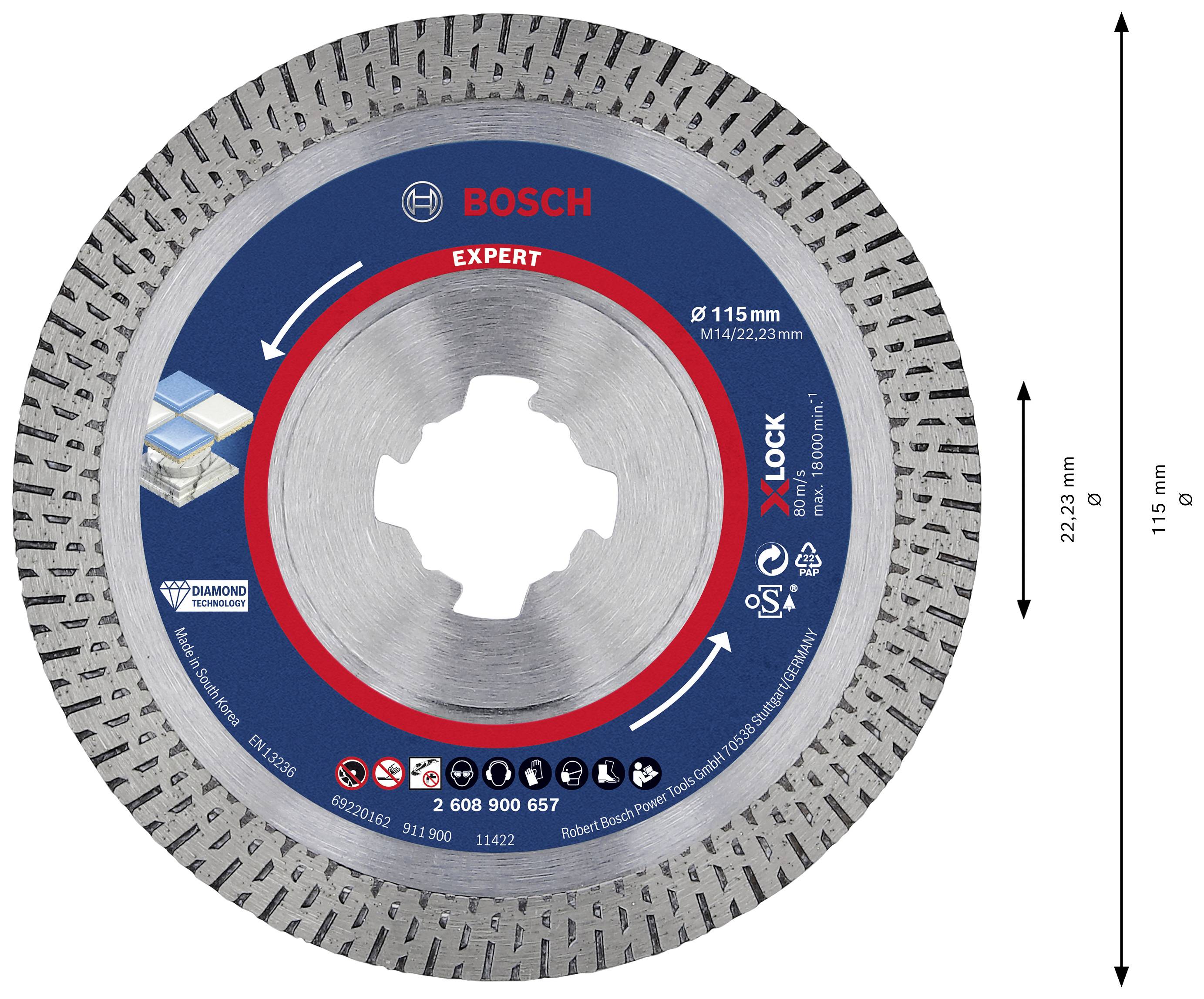 Eine Bosch Expert Diamantscheibe für Fliesen mit einem Durchmesser von 115 mm. Geeignet für X-Lock-Systeme, 22,23 mm Bohrung.