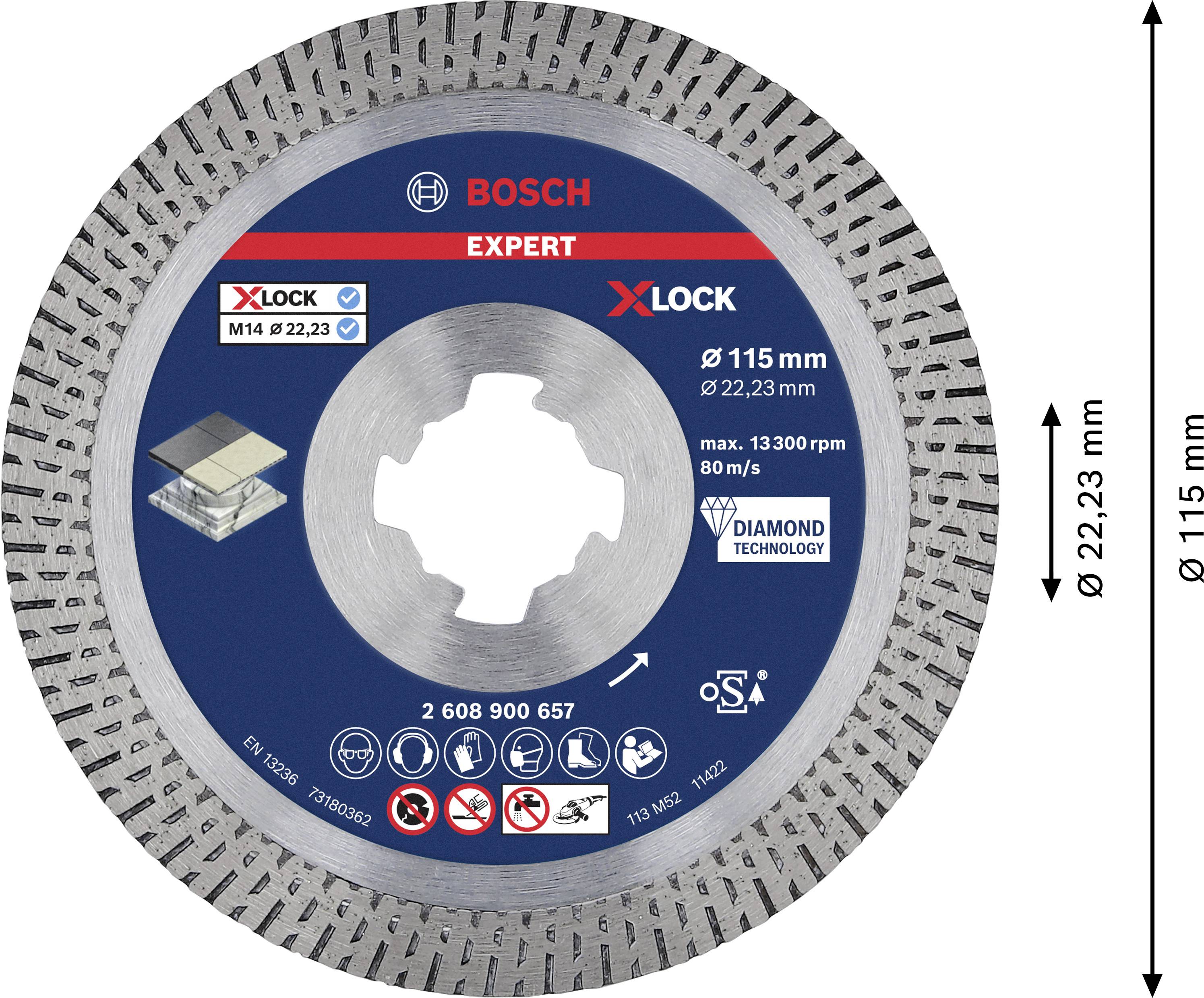 'Bosch Expert X-Lock' Diamantscheibe, Durchmesser 115 mm, Bohrung 22,23 mm. Maximale Drehzahl 13.300 U/min.