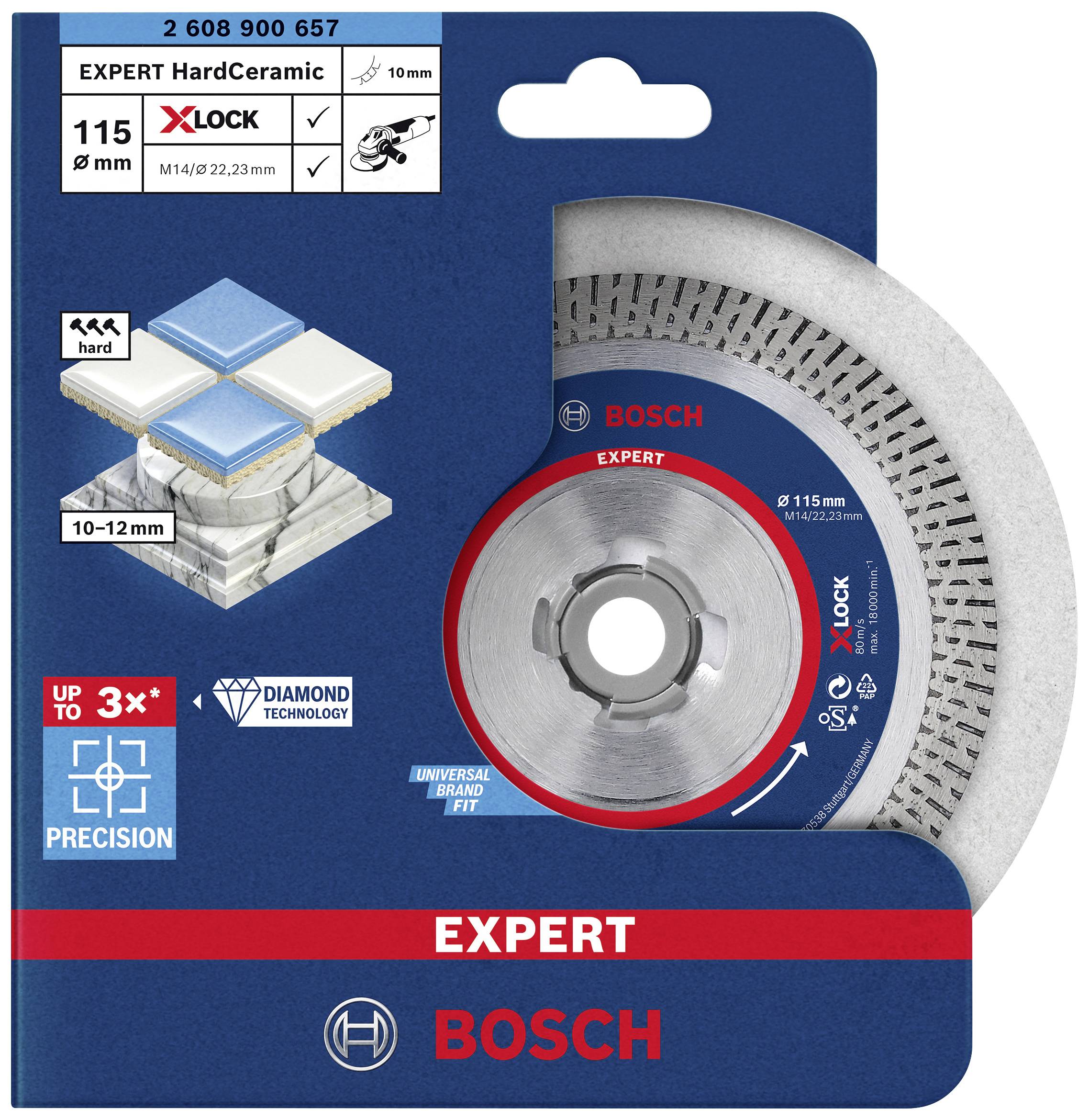 Verpackung einer Bosch Diamanttrennscheibe 'EXPERT HardCeramic' mit X-LOCK-System, geeignet für Fliesen, 115 mm Durchmesser.